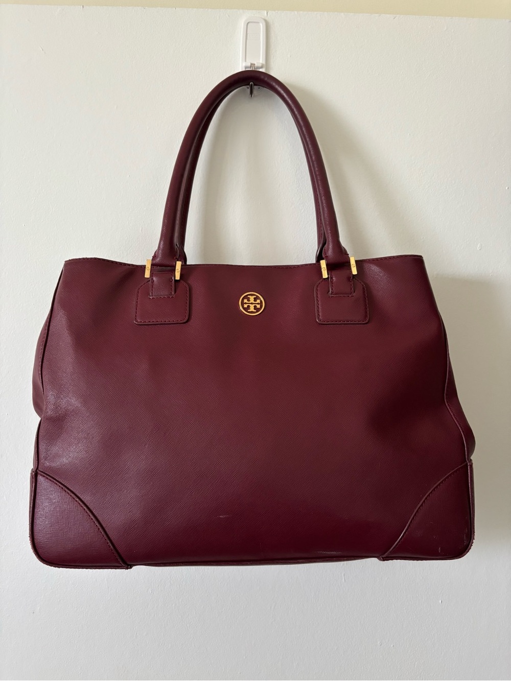 Tory Burch Wine Leather Double-Handle Tote with Gold Logo